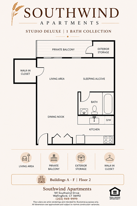 Floor plan for studio, 1 bath, 640 sqft